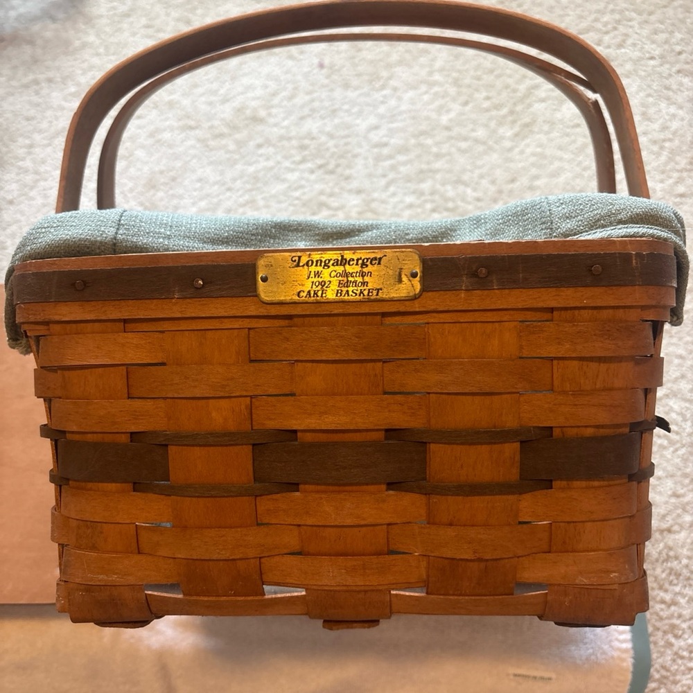 Longaberger 1992 JW Woven Basket with Handle,liner,riser